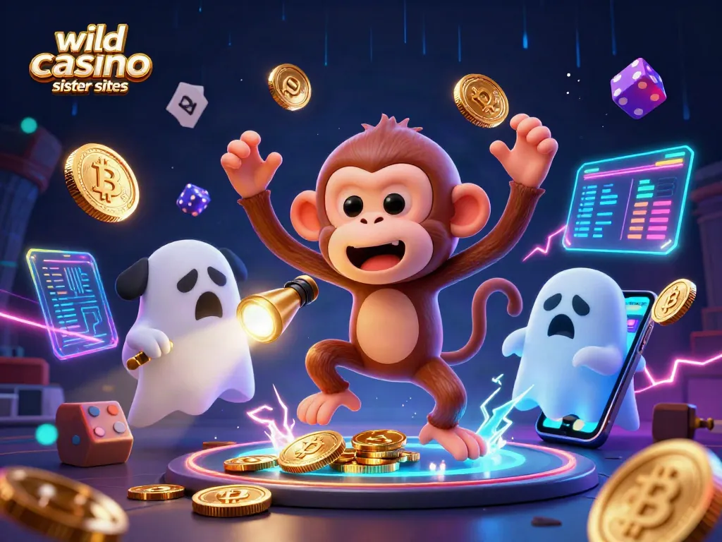 Experience the thrill of wild casino sister sites with our dynamic illustration showcasing a playful poltergeist monkey and a ghost-hunter puppy in action.