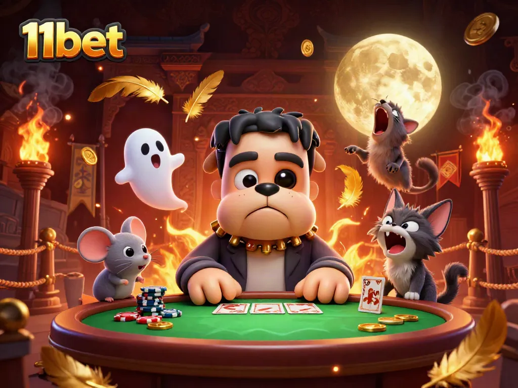 Engage in thrilling gaming with 11bet at a spooky table featuring a Frankenstein bulldog dealer.