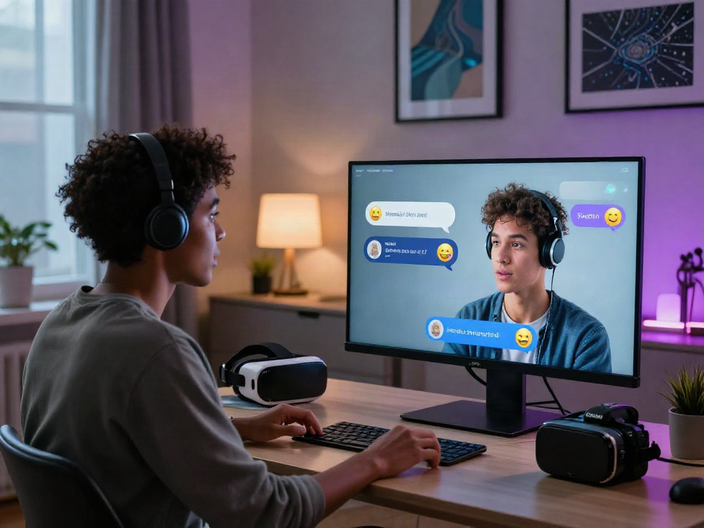 Interactive sex AI chat scene with diverse avatars discussing intimate topics in a cozy digital workspace.