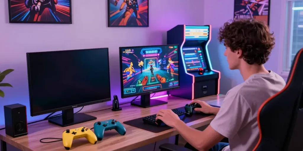 Engaged player enjoying the Yono Arcade mobile gaming app in a cozy modern gaming setup.