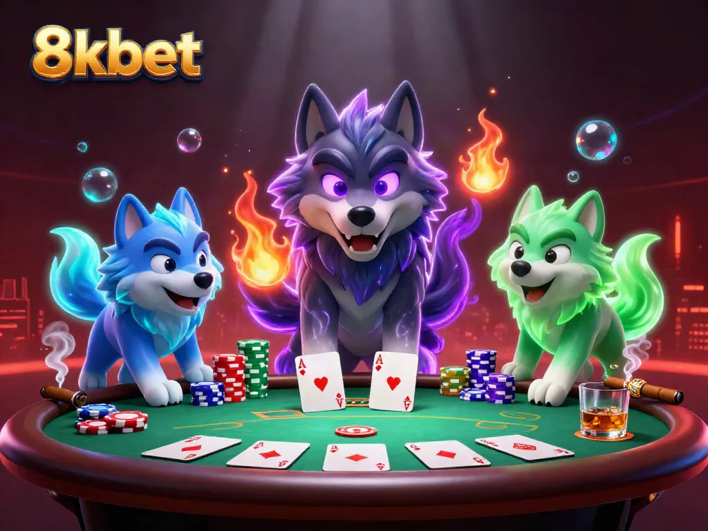 Win big at 8xbet with dynamic poker action featuring ghostly wolves and vibrant gambling elements.