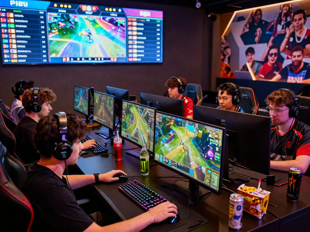 Gamers competing in an e-sports tournament at the go8 gaming lounge, focused on screens with high-tech gear and vibrant LED lights.