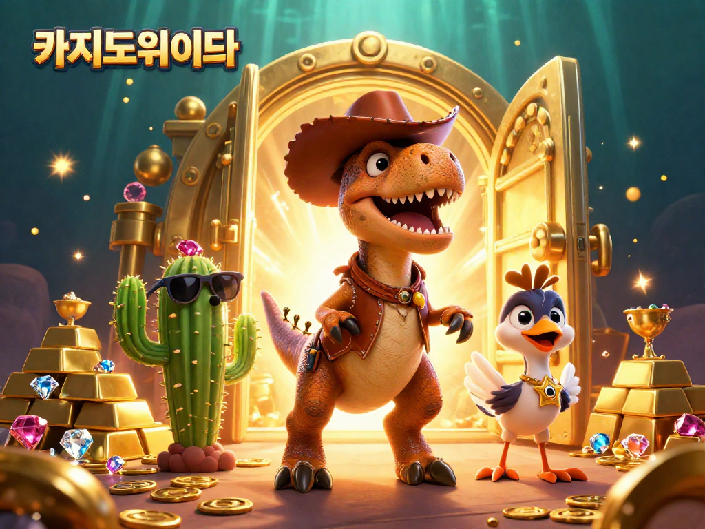 카지노사이트에서 질주하는 카우보이 공룡과 보석이 가득 찬 이미지입니다.