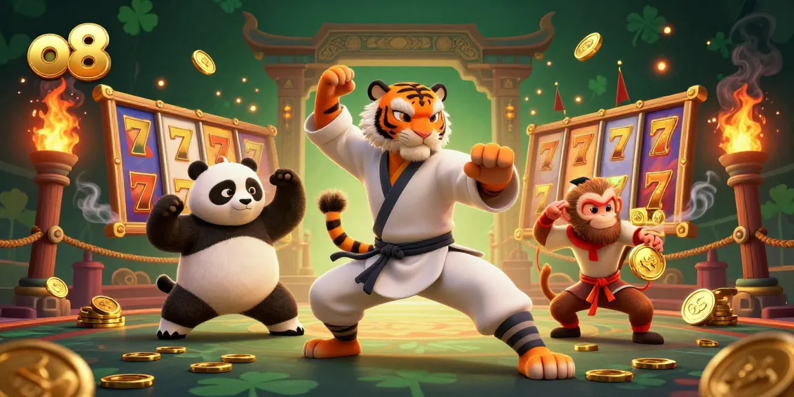 Engage with o8's thrilling slots as a kung fu tiger and panda master perform amidst golden symbols.