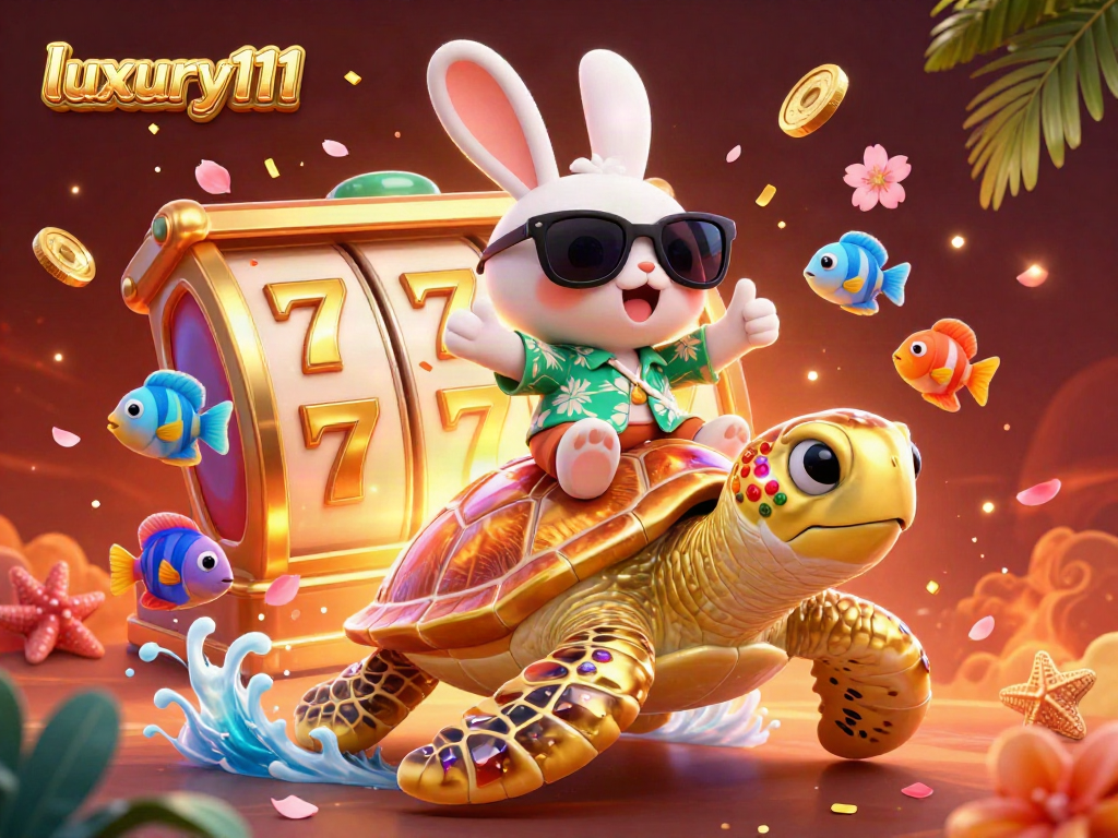 Experience thrilling gaming with luxury111 in a vibrant 3D casino scene featuring a lucky rabbit.