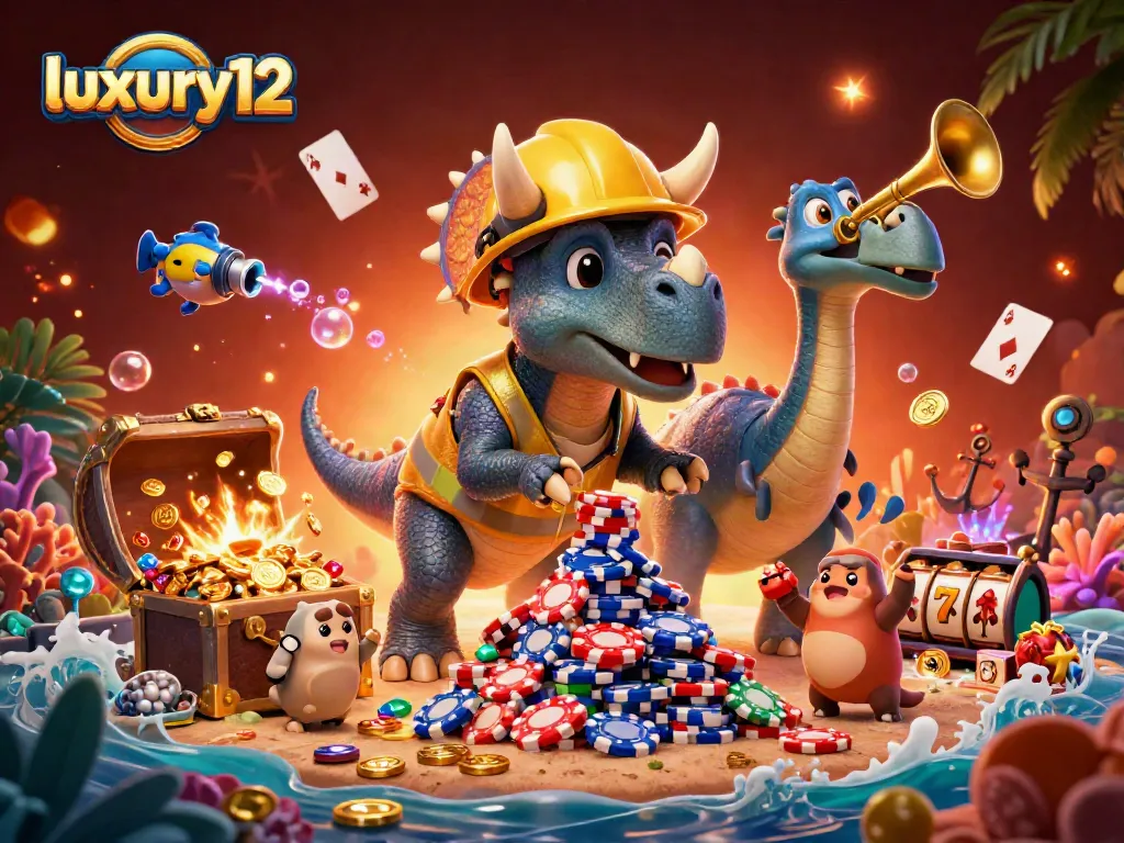 Visualisasi kasino mewah luxury12 dengan dinosaurus bermain kartu di tengah harta karun.
