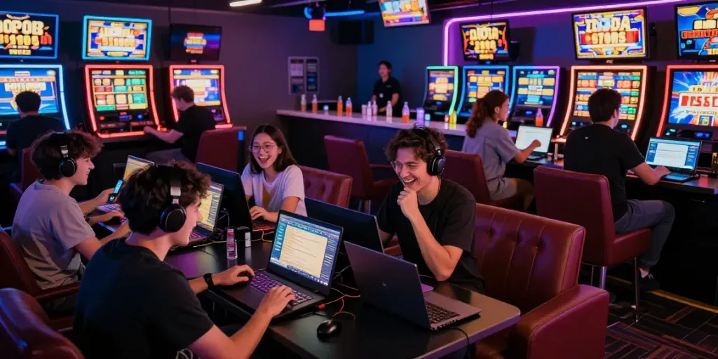 Exciting gaming lounge atmosphere at luxury12 with players enjoying slot games.