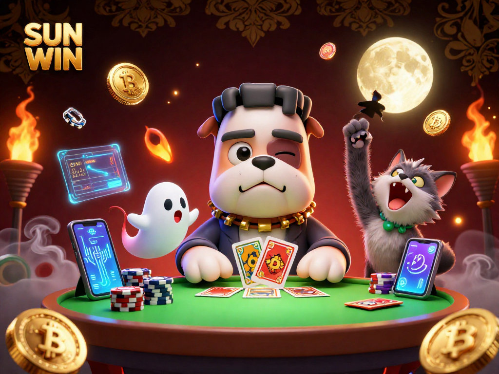 Kẻ đấu thẻ SUN WIN đang chơi bài tại bàn casino rực rỡ với hình ảnh vui nhộn.