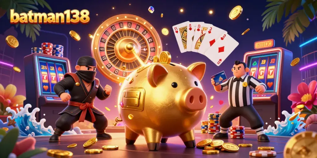 Experience gameplay thrills at batman138 with a scene featuring a piggy bank sumo wrestler and casino elements.
