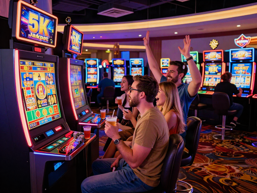 Players celebrating slot deposit 5k win in a lively casino environment with vibrant lights.