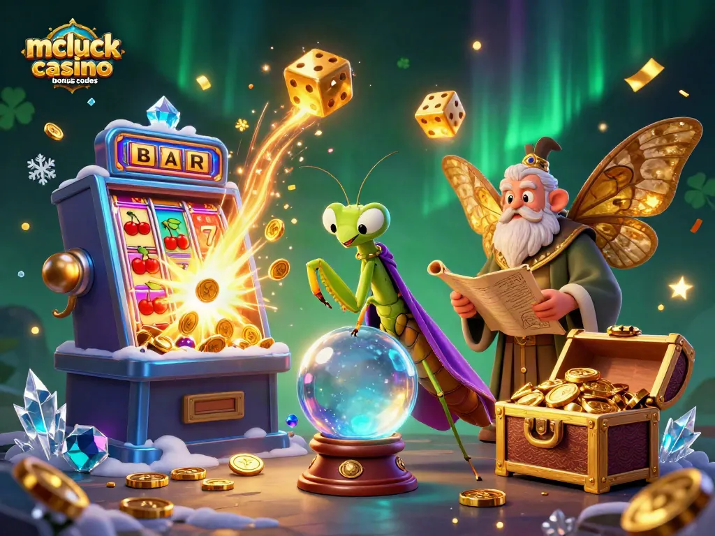 Win big with mcluck casino bonus codes while surrounded by vibrant casino treasures and characters.