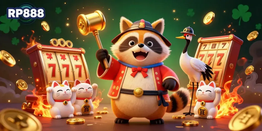Experience winning spins with RP888 featuring cheerful tanuki, vibrant maneki-neko, and golden slots.