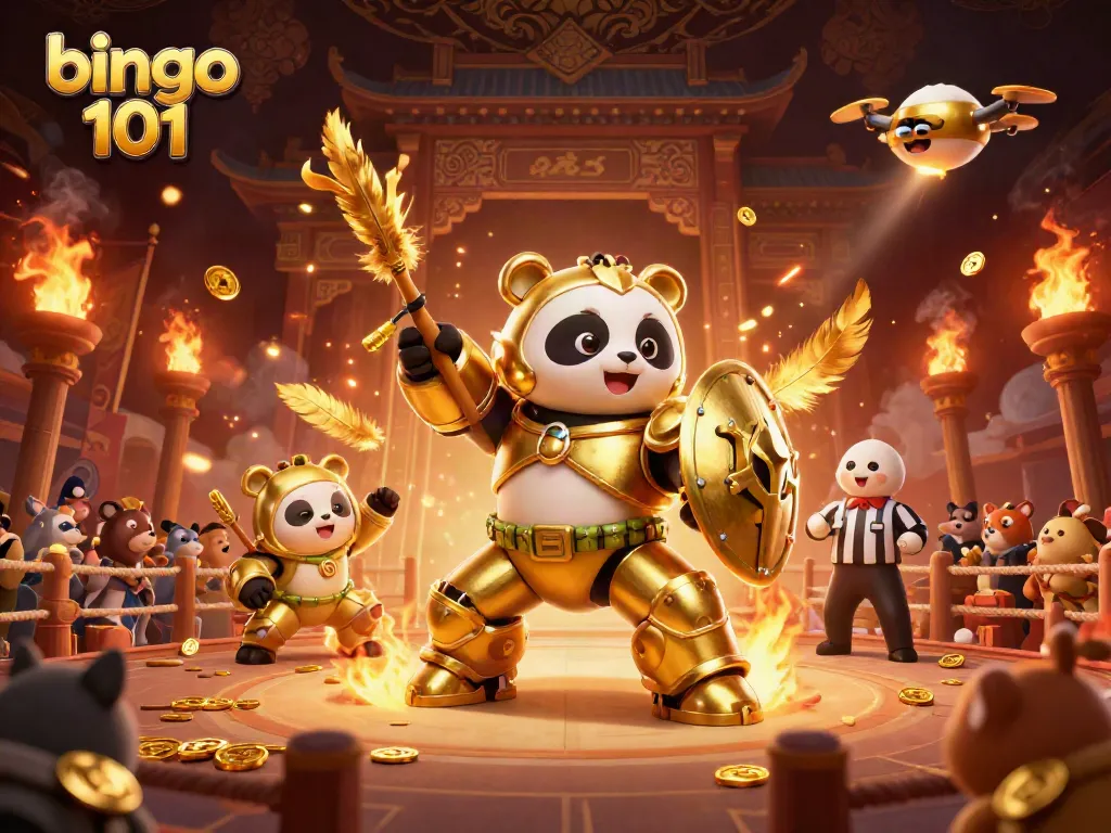 Mainkan bingo 101 dengan robot tempur kartun emas dalam arena dengan efek api.