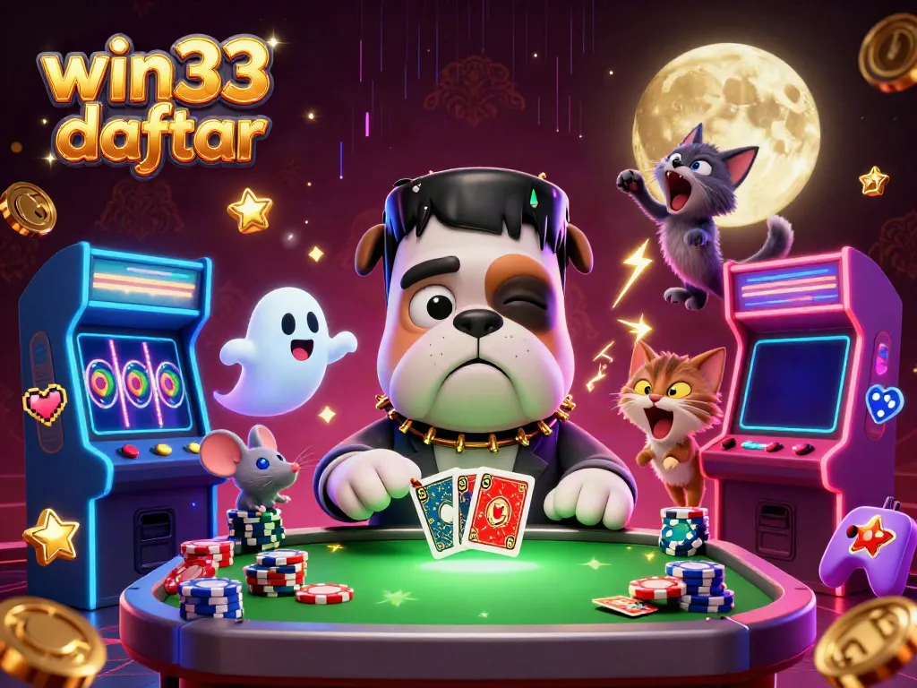 Experience the excitement of win33 daftar with 3D cartoon characters at a casino-themed game table.