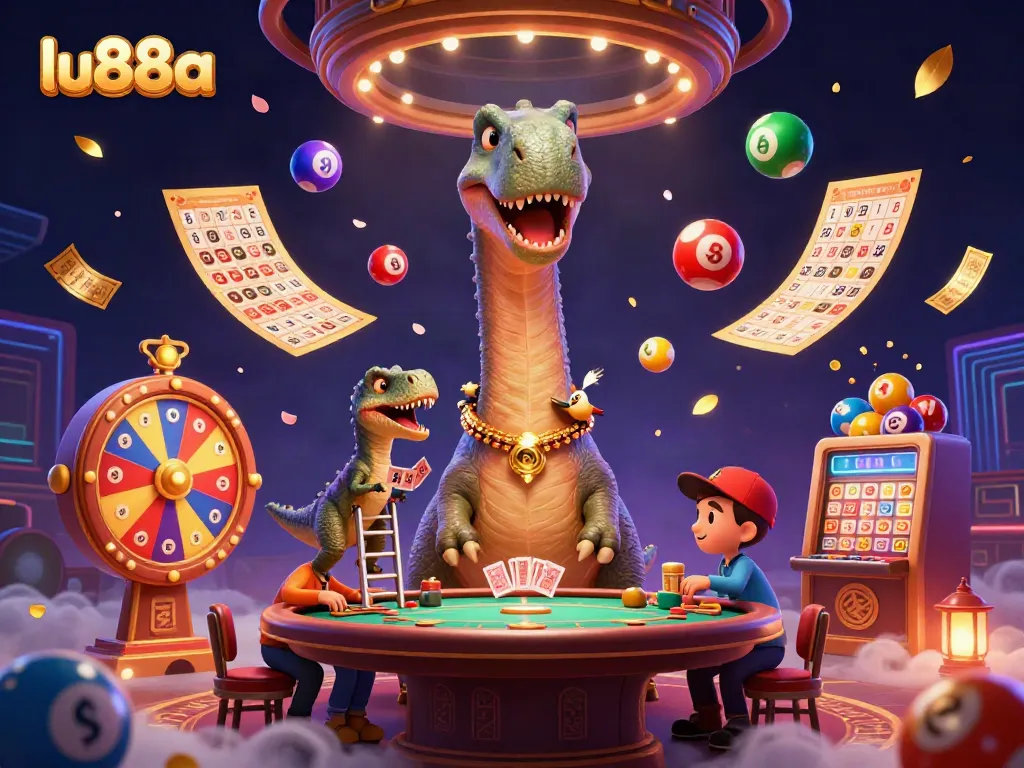 Experience the exciting world of lu88a with a whimsical 3D illustration featuring a giant brontosaurus and clever raptor in a vibrant casino.