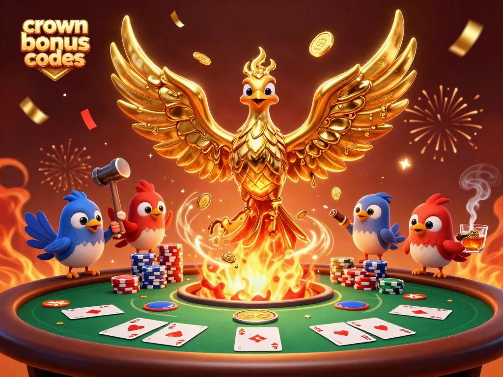 Engage with crown coins bonus codes in an energetic 3D casino scene filled with coins and poker elements.