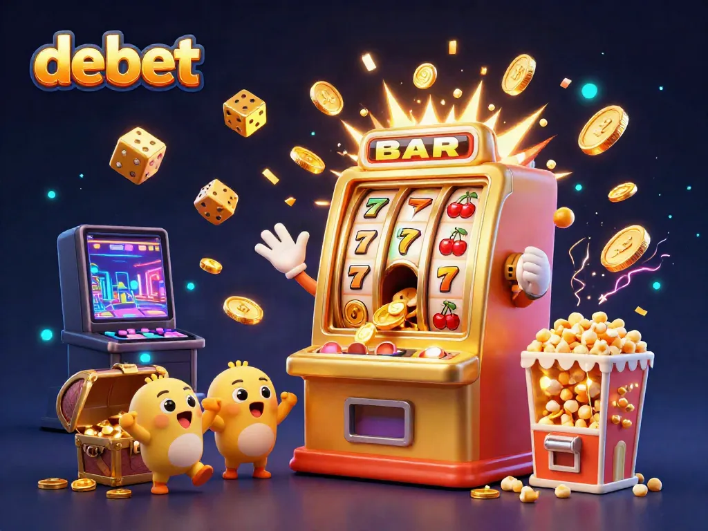 Celebrate debet's winning moments with a vibrant, magical casino scene filled with colorful, animated slot machines.