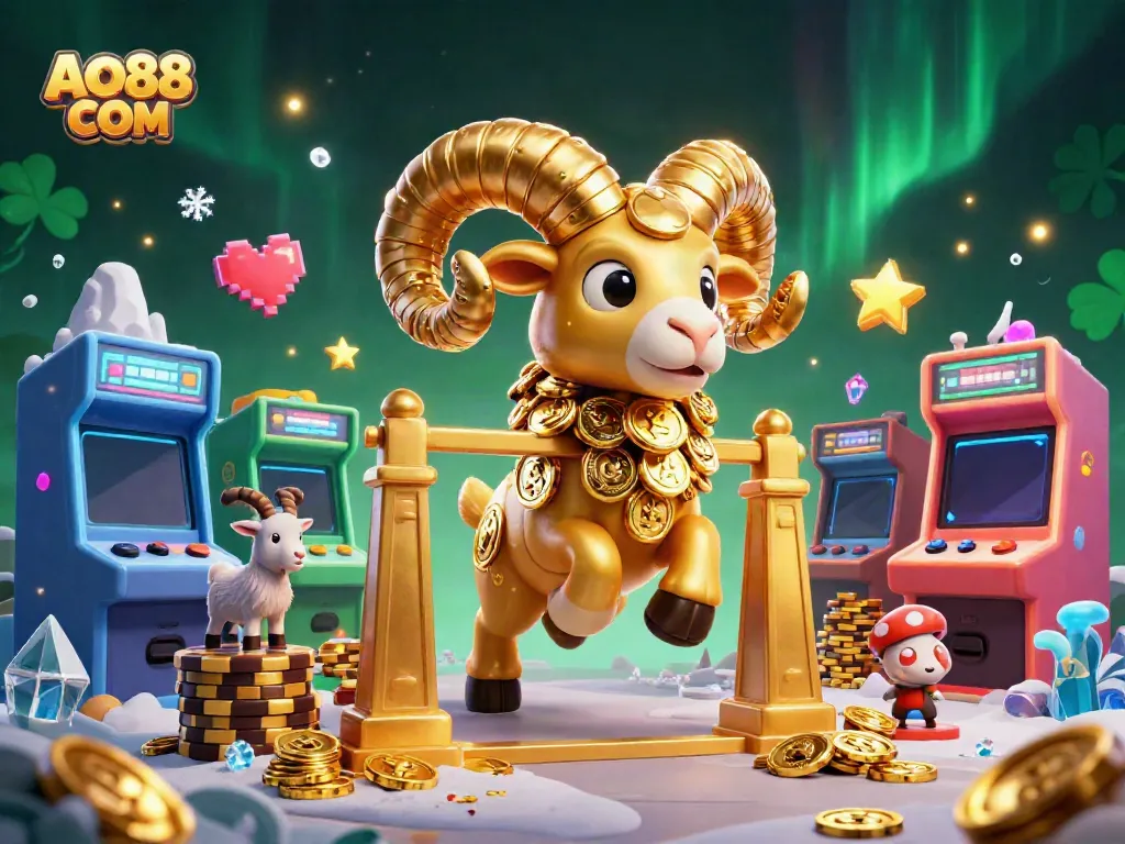 Experience the thrill of AO88 COM with a golden ram charging through a vibrant casino scene.