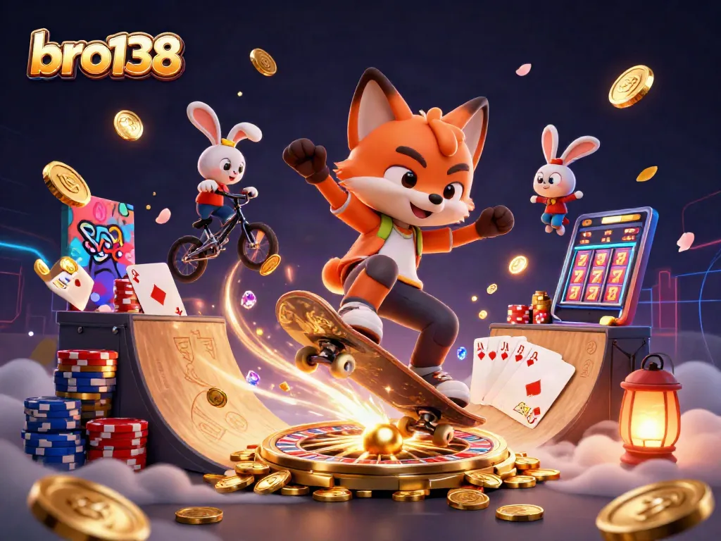 Experience the thrill at bro138 with a vibrant scene of animated casino fun, including lucky sevens and sparkling gems.