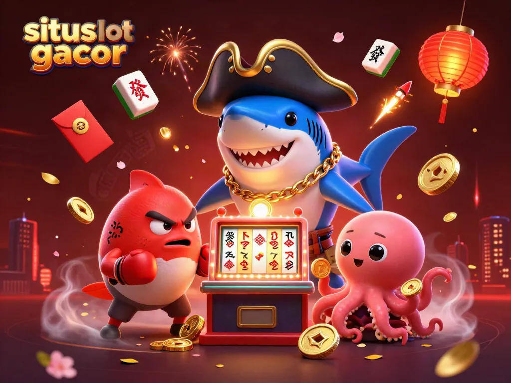 Spin the reels at situs slot gacor with the pirate shark and friends in a vibrant casino scene.