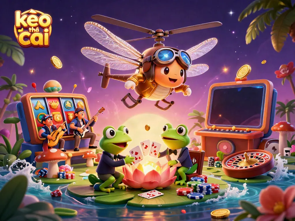 Experience the excitement of kèo nhà cái with a dragonfly pilot and frog dealer amidst a vibrant casino.