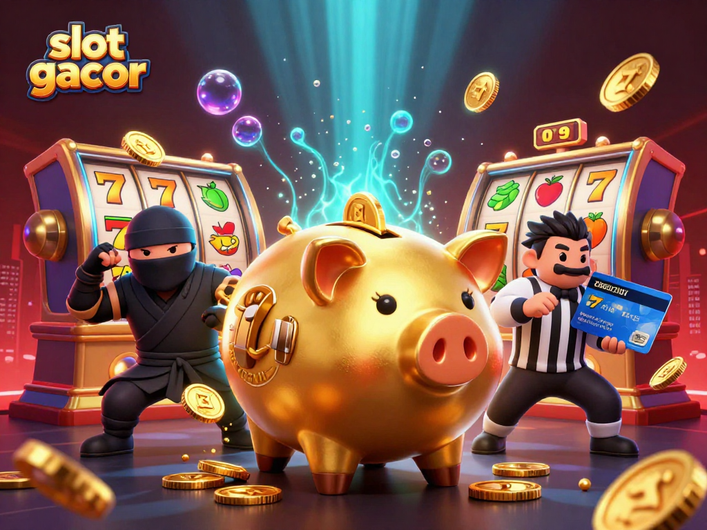Permainan slot gacor dengan karakter piggy bank sumo yang unik dan elemen kasino lainnya.
