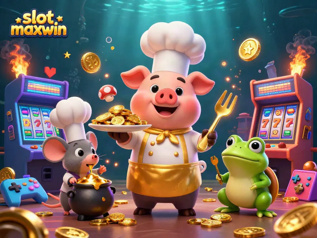 Experience the thrill of slot maxwin with a whimsical 3D chef pig serving golden coins in a vibrant casino scene.