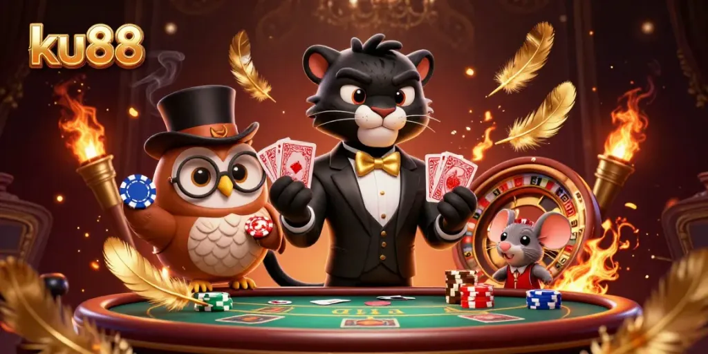Experience the thrill of ku88 gaming with a lively scene featuring a tuxedo-clad panther dealing cards, a stylish owl with poker chips, and a lucky mouse in the energetic casino atmosphere.