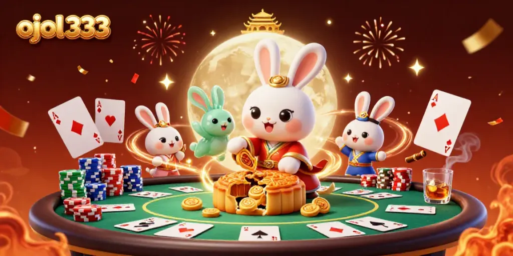 Engage in exhilarating gameplay with ojol 333, showcasing a moon rabbit celebration of poker and luck.