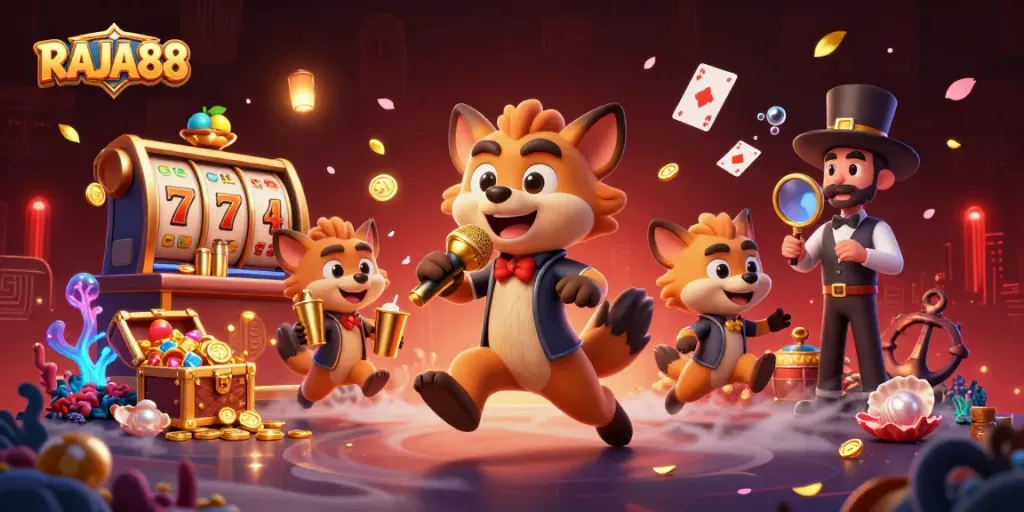 RAJA88, hyena lucu menyajikan perjudian sambil menunjukkan slot dan harta karun.