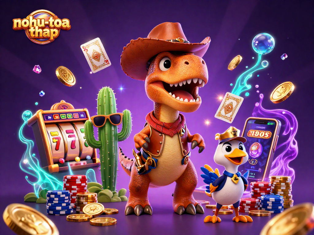 Experience thrilling gameplay with nohu-toa-thap, where cartoon characters interact amid cascading coins and slot reels.