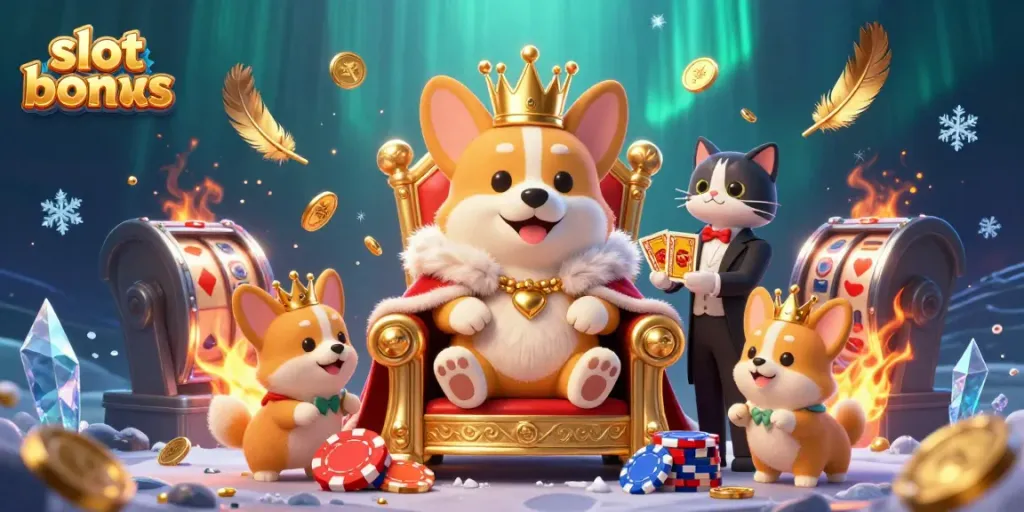 Experience the excitement of winning with the slot bonus as regal corgis celebrate in a vibrant casino scene.