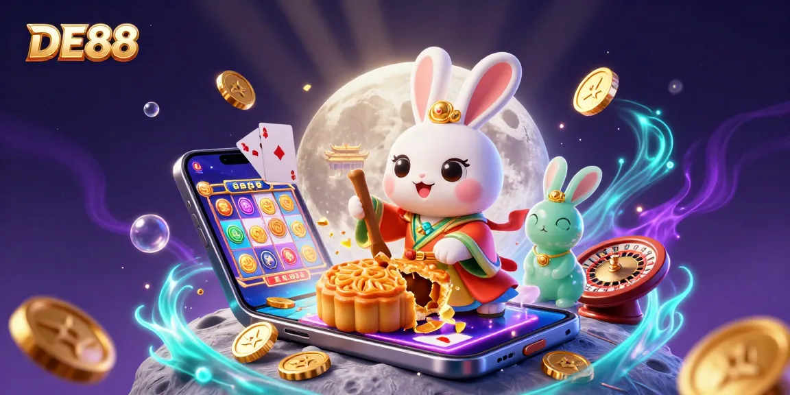 Engage with the thrilling DE88 gaming experience as the moon rabbit unveils hidden poker chips amidst a vibrant casino scene.