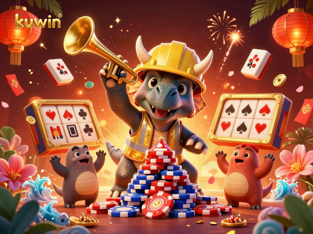Kuwin showcases a joyful triceratops, reel games, and festive elements in a vibrant casino scene.