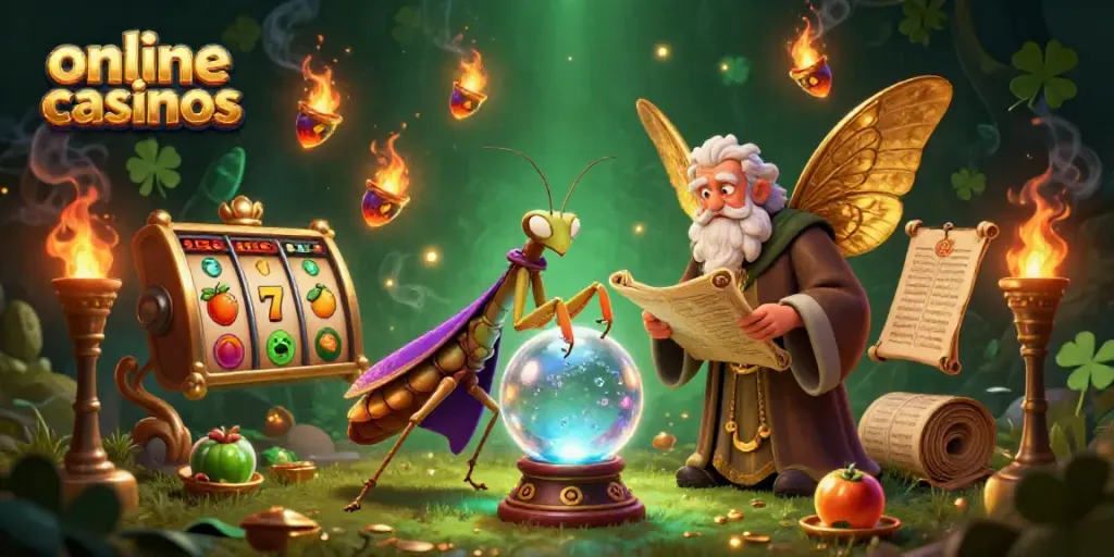 Experience the thrill of online casinos with a mystical fortune teller and vibrant slot elements.