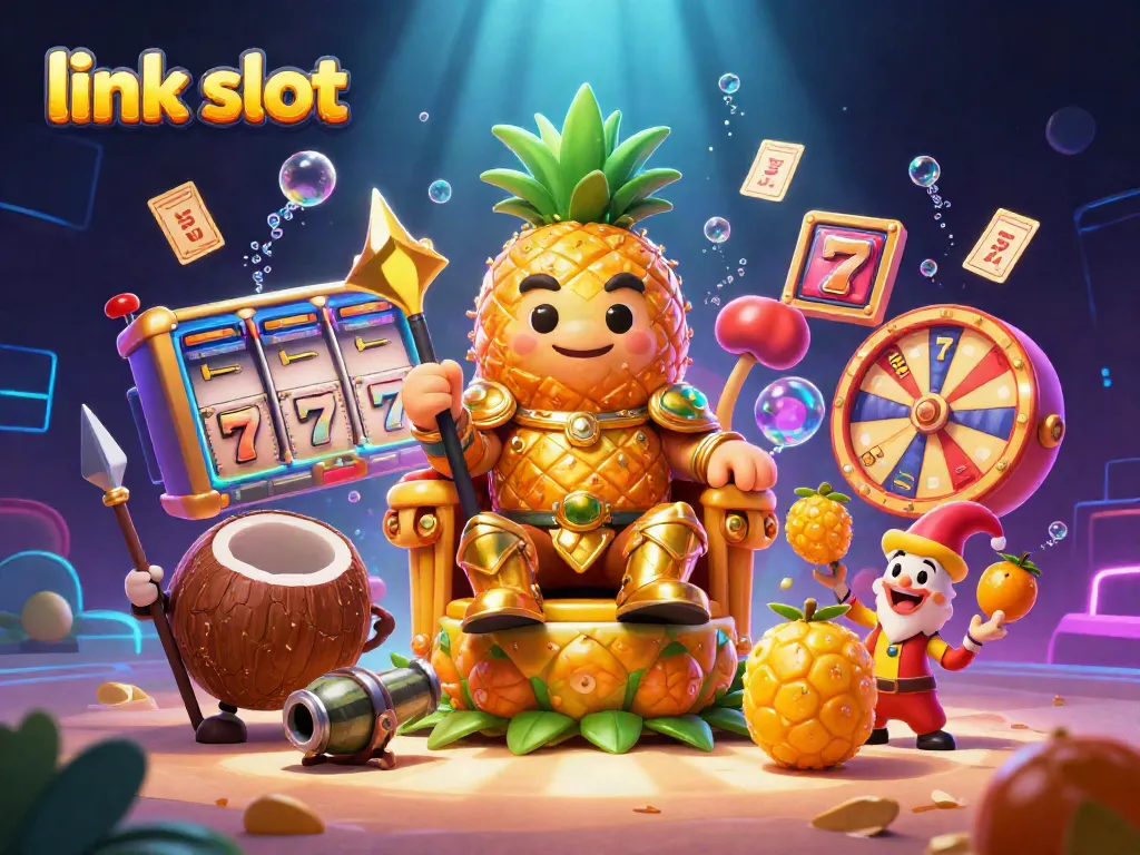 Engage with the vibrant link slot gaming scene featuring a golden pineapple king and casino elements.