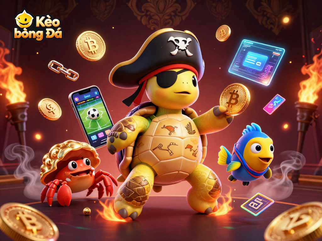Kèo Bóng Đá showcases dynamic cartoon turtles and crabs among slot reels and cryptocurrencies.