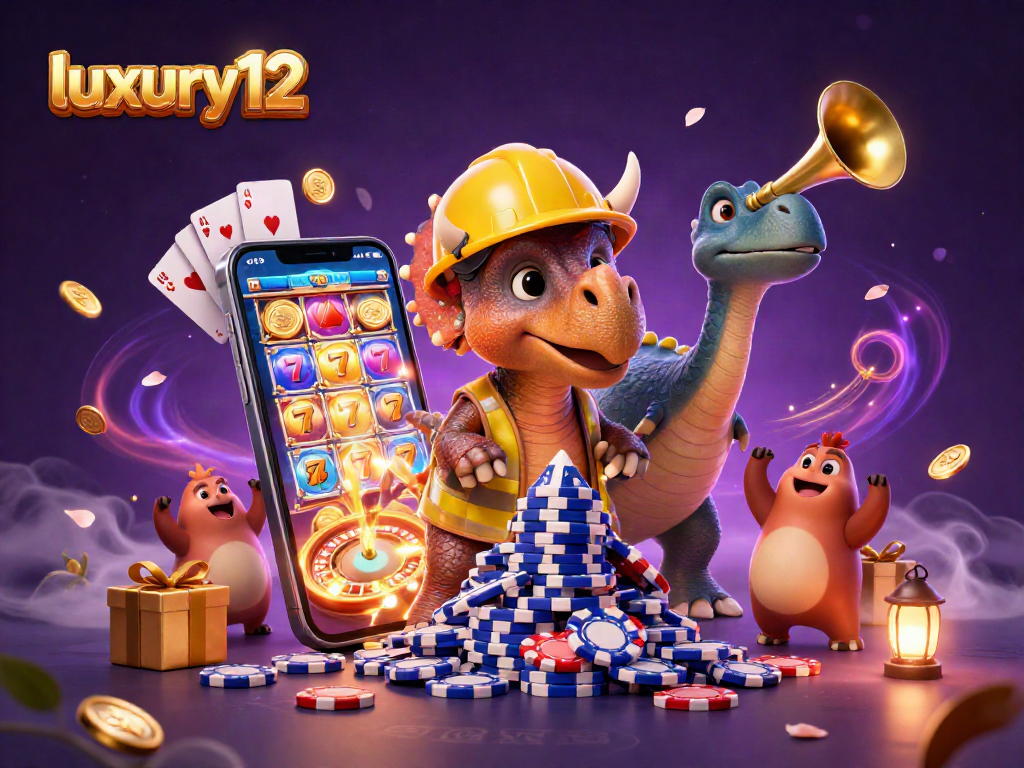 Join the fun with luxury12 as a triceratops builds a poker chip pyramid, celebrating thrilling casino wins!