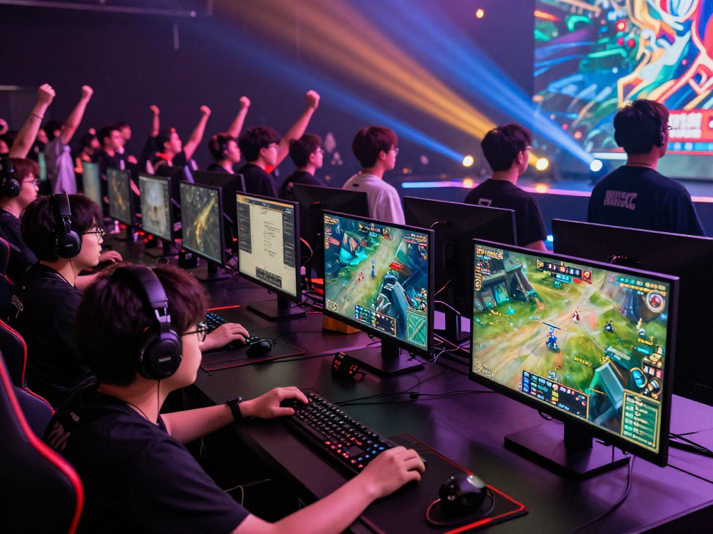 Kompetisi bos88 di arena esports dengan pemain fokus, penggemar mendukung.