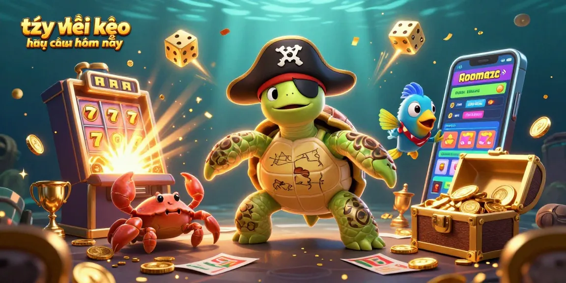 Engaging illustration of tỷ lệ kèo nhà cái hôm nay featuring a pirate turtle, hermit crab and parrotfish amidst thrilling betting elements.
