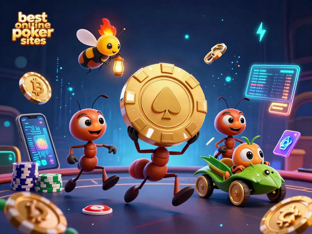 Experience the excitement of the best online poker sites with our animated heist scene featuring ants and poker elements.