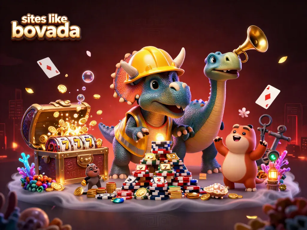 Join the fun at sites like bovada with a cartoon triceratops and floating slot reels creating excitement!