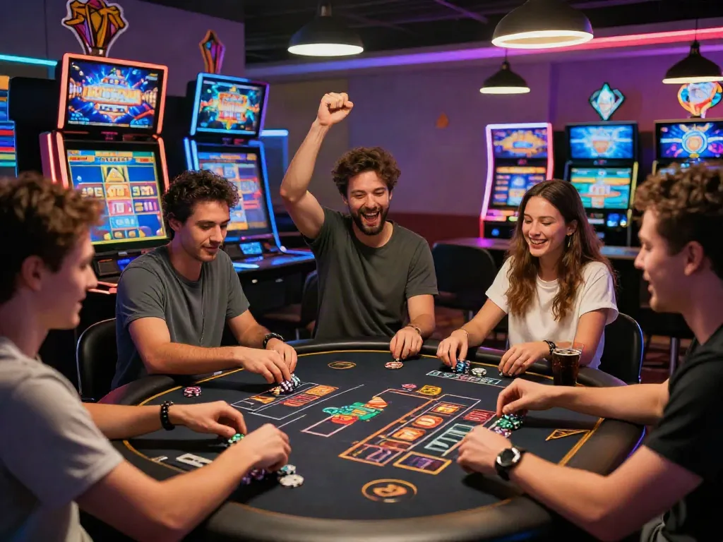 A diverse group enjoying online gambling with akunjp at a lively gaming table
