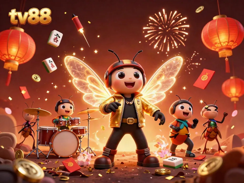 Engage with tv88 in a vibrant 3D scene featuring a cicada rock star, beetle drummer, and casino themes.