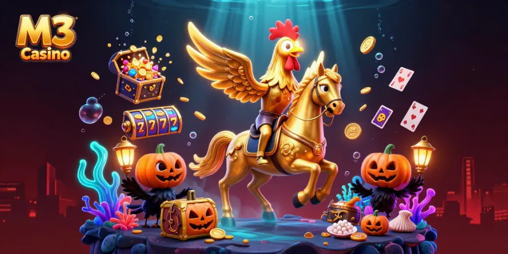 Experience thrilling action at M3 Online Casino with a golden rooster and live game elements in stunning visuals.