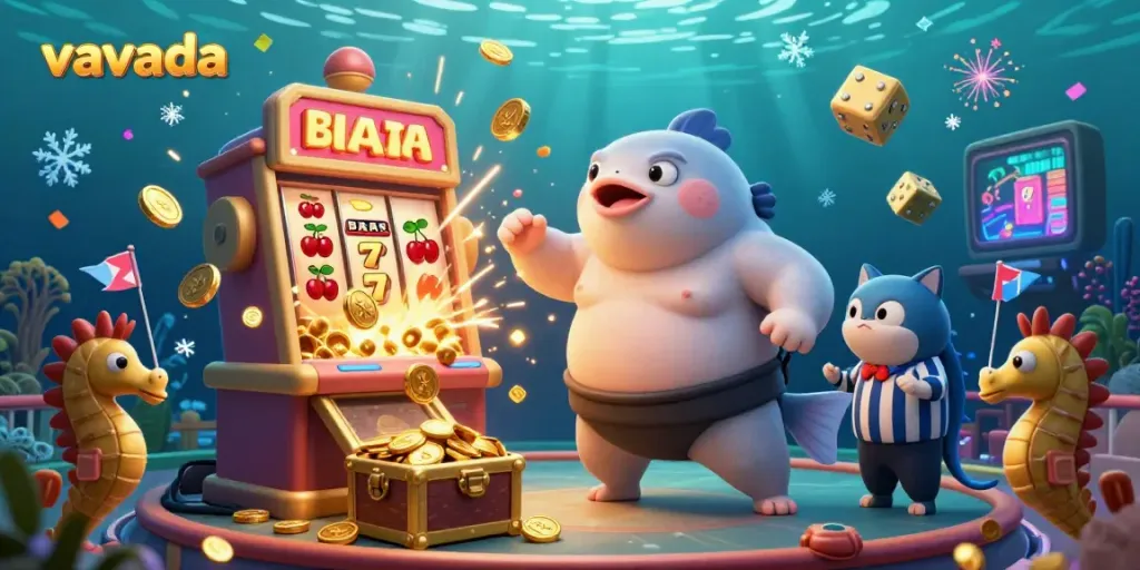 Experience the thrill of Vavada Casino with a dynamic underwater gaming scene featuring a fugu sumo wrestler, catfish referee, and jackpot excitement!
