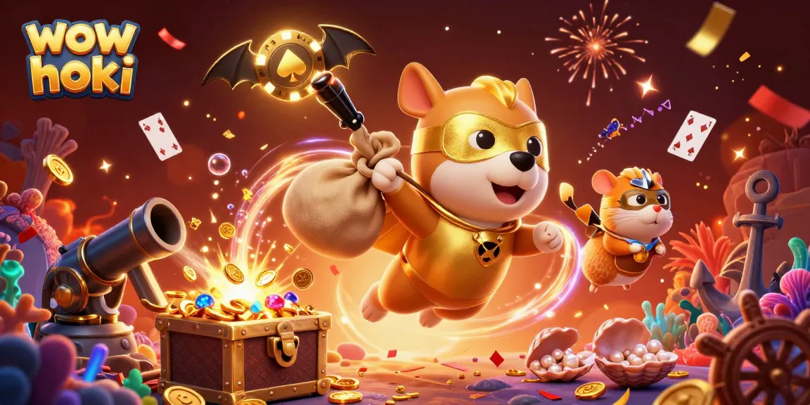 Mainkan wow hoki dengan simbol poker dan koin emas di antara karakter yang dinamis.