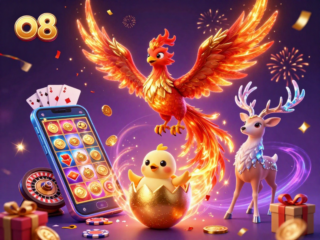 Experience the excitement of o8 with fiery phoenix and vibrant gaming elements in a dynamic casino scene.