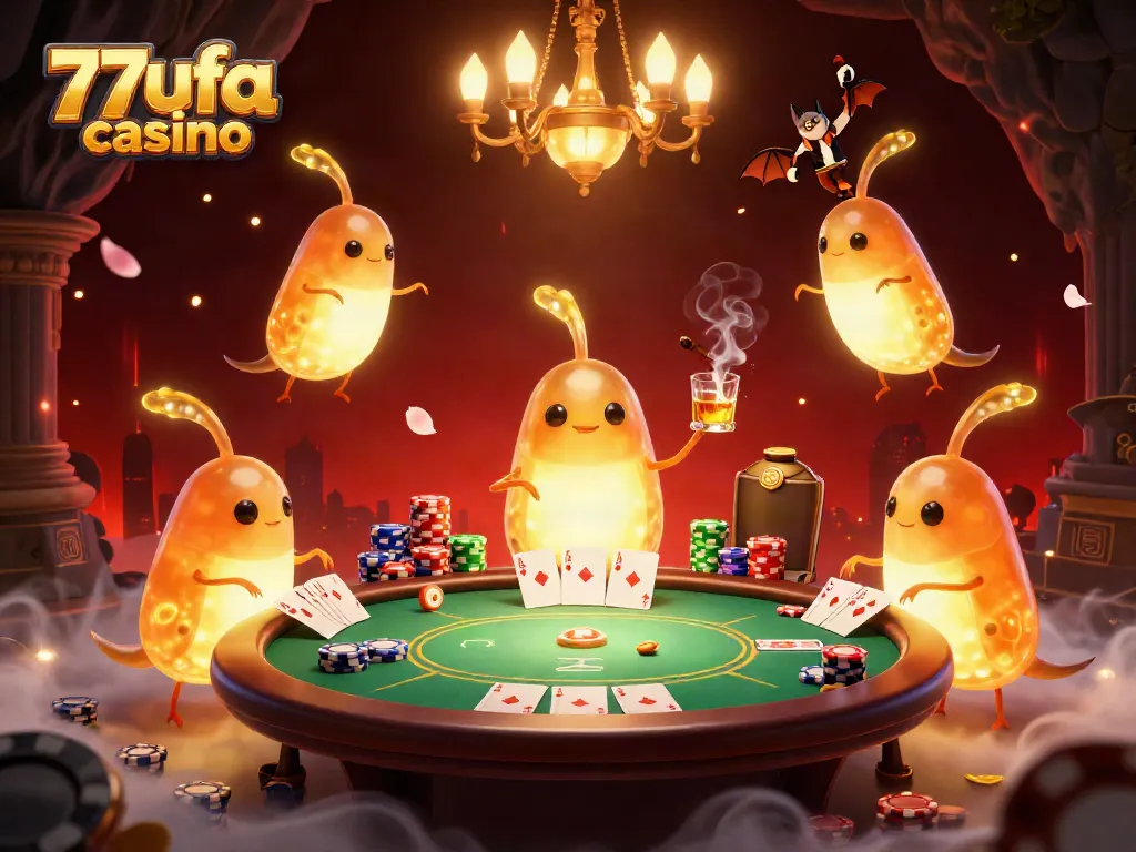 Experience the vibrant ambiance of 77ufa casino with bioluminescent glowworms and poker fun.