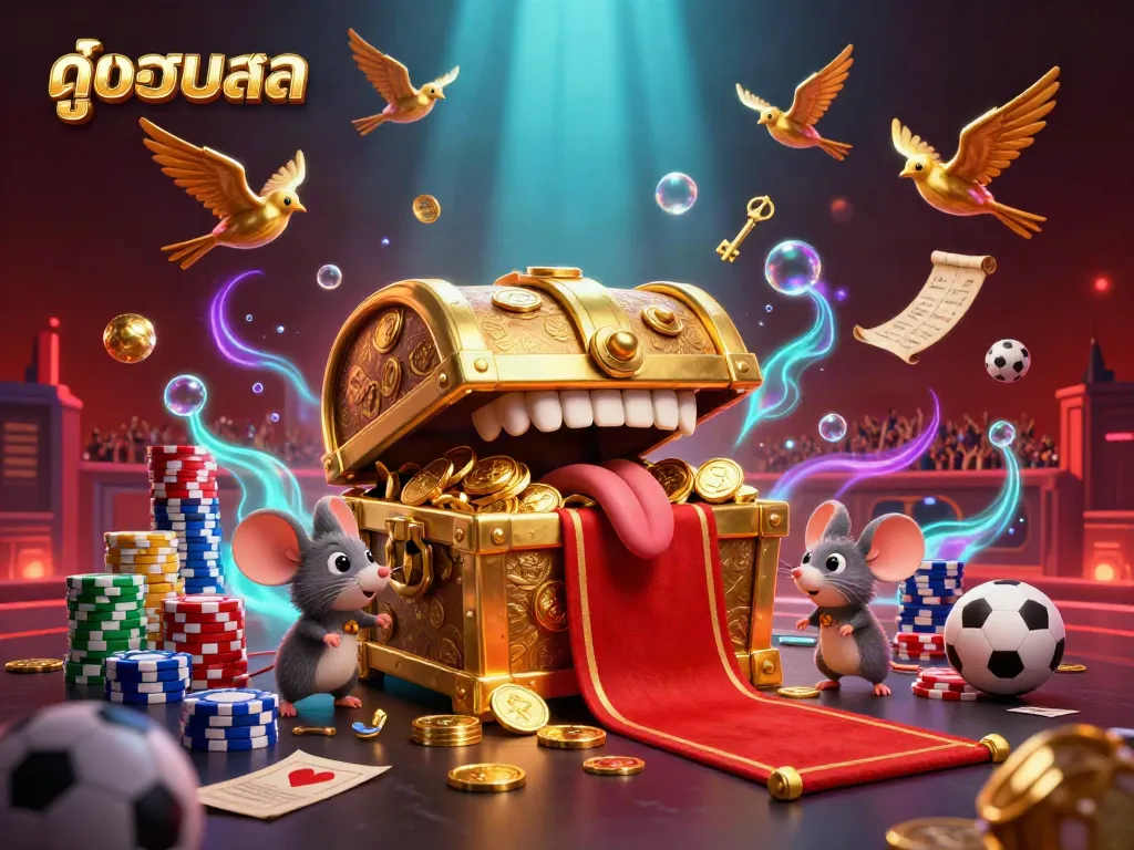 Experience thrilling ดูบอล action with a vibrant illustration of a treasure chest and sports betting elements.